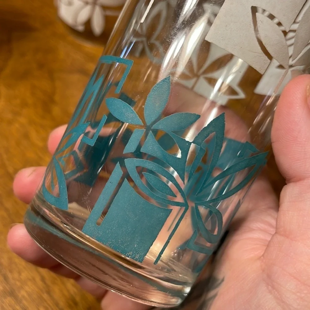 Vintage MCM Highball Tiki Juice Glass Set Peanut Butter Tiki Floral Barware Set